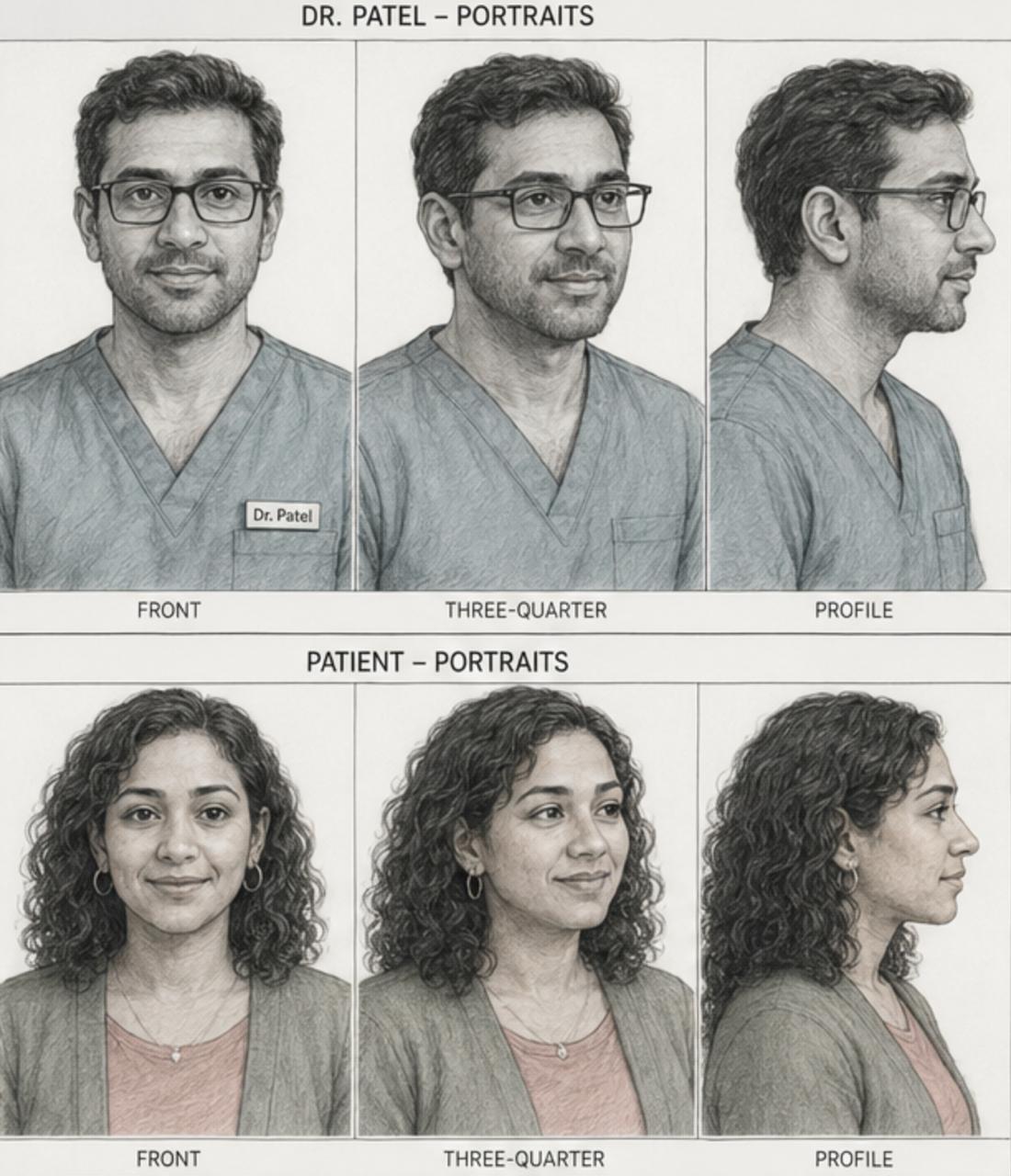 Reference portrait sheet for Dr. Patel and patient character continuity