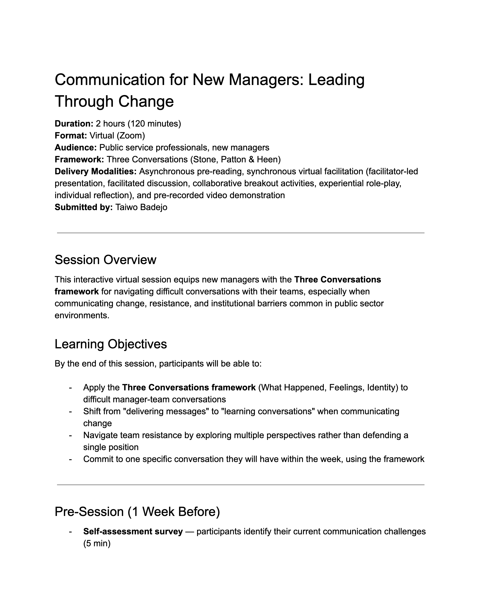 2-hour session agenda structured around Kolb's Experiential Learning Cycle